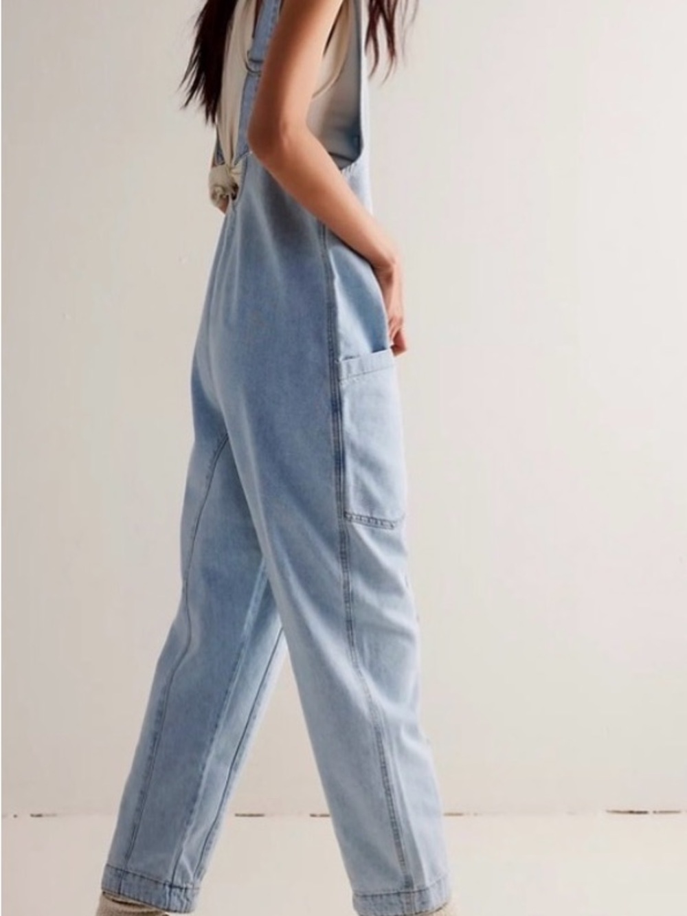 Free People Light Wash Denim Overalls - Casual Scoop Neck